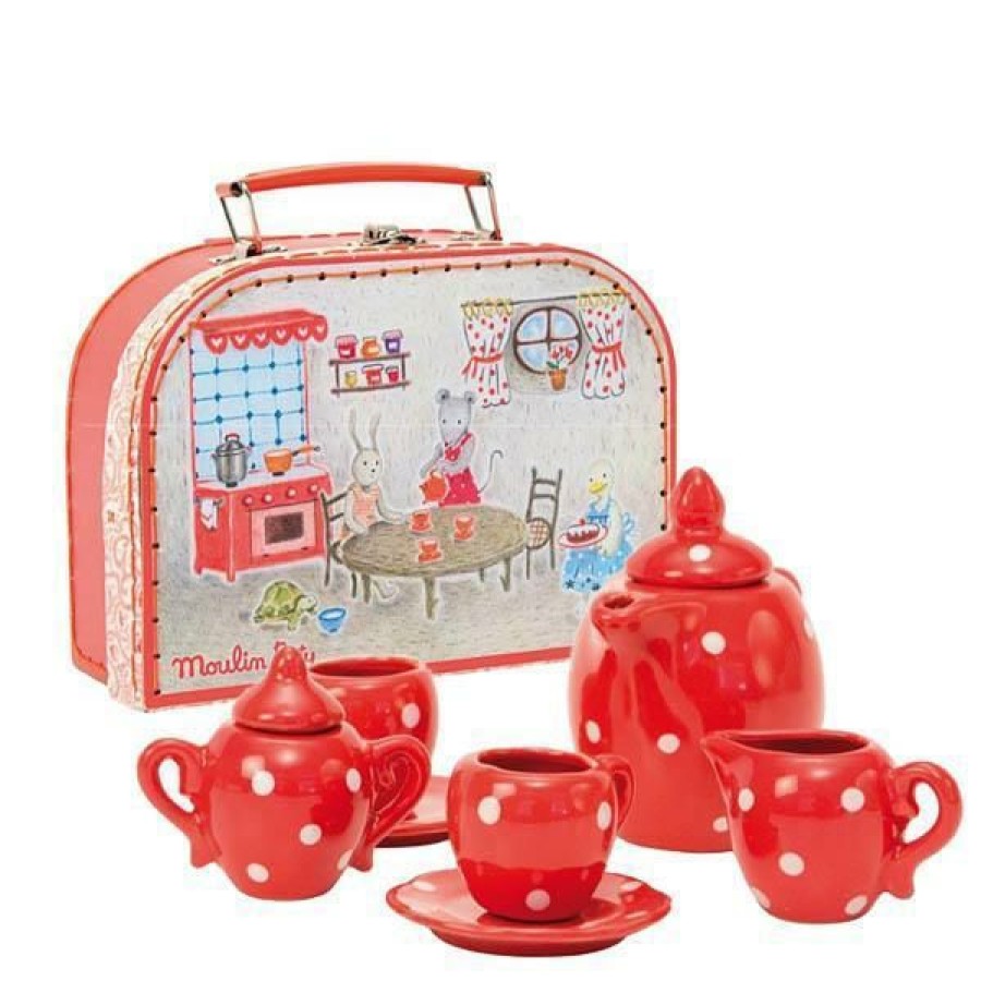 Gifts * | Moulin Roty Red Spotted Ceramic Tea Set