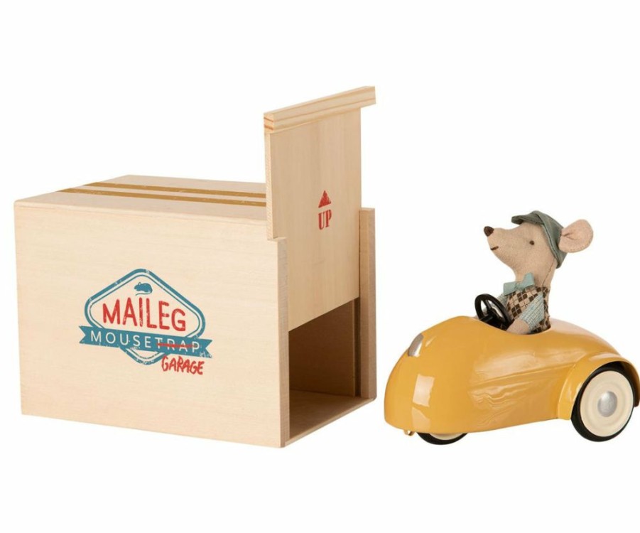 Gifts * | Maileg Mouse In A Race Car + Garage Yellow Maileg Mice & Bunnies