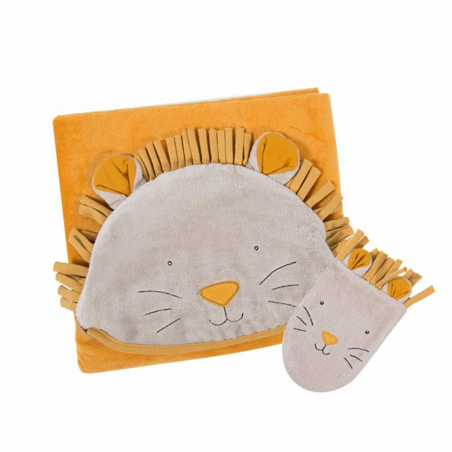 Gifts * | Baby Bathtime Moulin Roty Hooded Lion Baby Towel & Wash Mitt Set