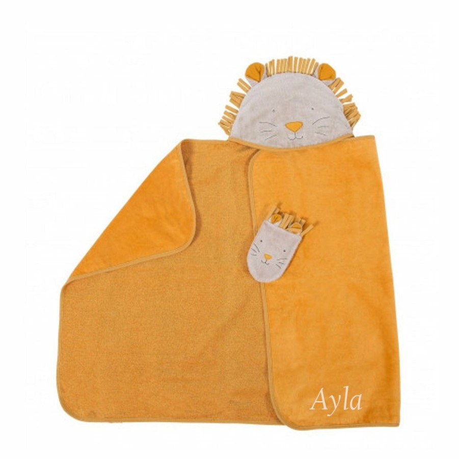 Gifts * | Baby Bathtime Moulin Roty Hooded Lion Baby Towel & Wash Mitt Set