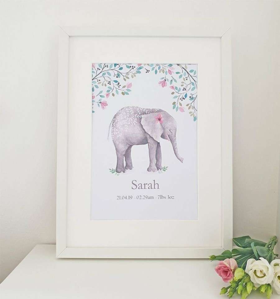 Gifts * | Cherish Me Dublin Cherish Me Baby Elephant Personalised Print -Girl Personalised Gifts