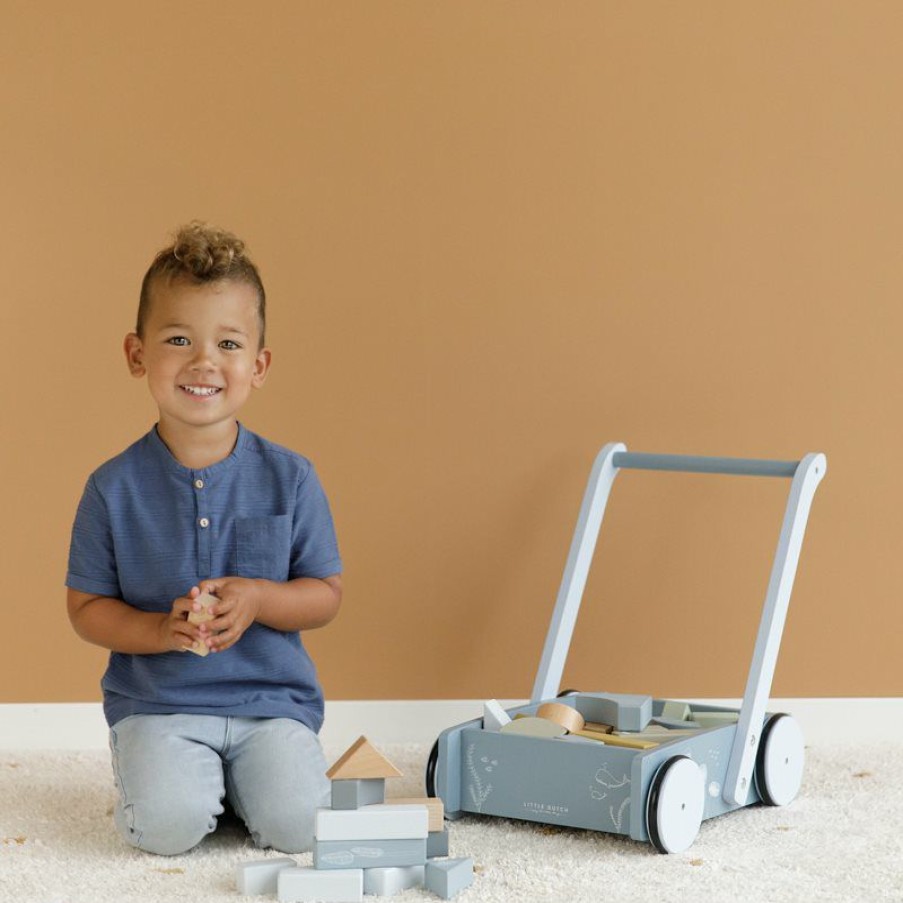 Gifts * | Little Dutch Wooden Baby Walker With Blocks Blue Wooden Toys