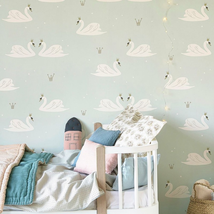 Kids Interiors & Decor * | Hibou Home Swan Mint Wallpaper New Arrivals