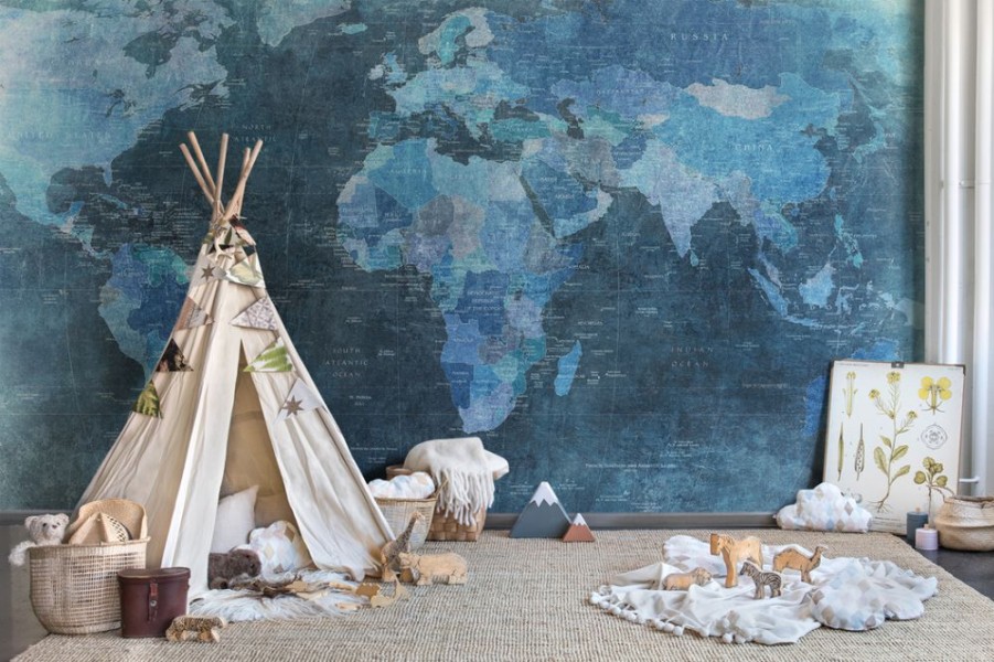 Kids Interiors & Decor * | Rebel Walls Kids Custom Wall Mural World Map Blue