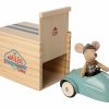 Gifts * | Maileg Mouse In A Race Car + Garage Blue Maileg Mice & Bunnies