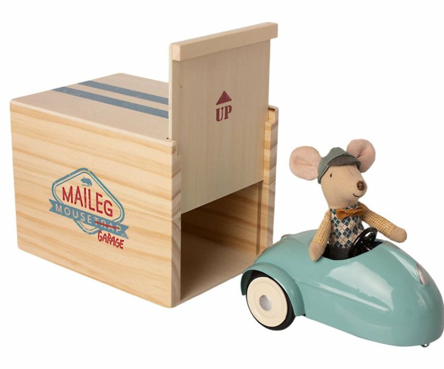 Gifts * | Maileg Mouse In A Race Car + Garage Blue Maileg Mice & Bunnies