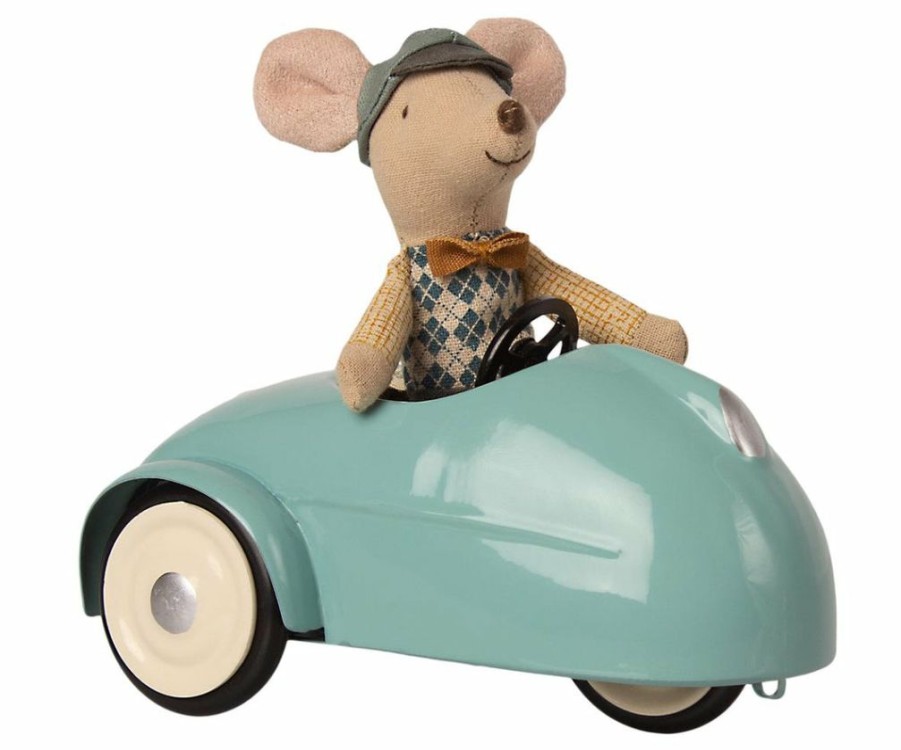 Gifts * | Maileg Mouse In A Race Car + Garage Blue Maileg Mice & Bunnies